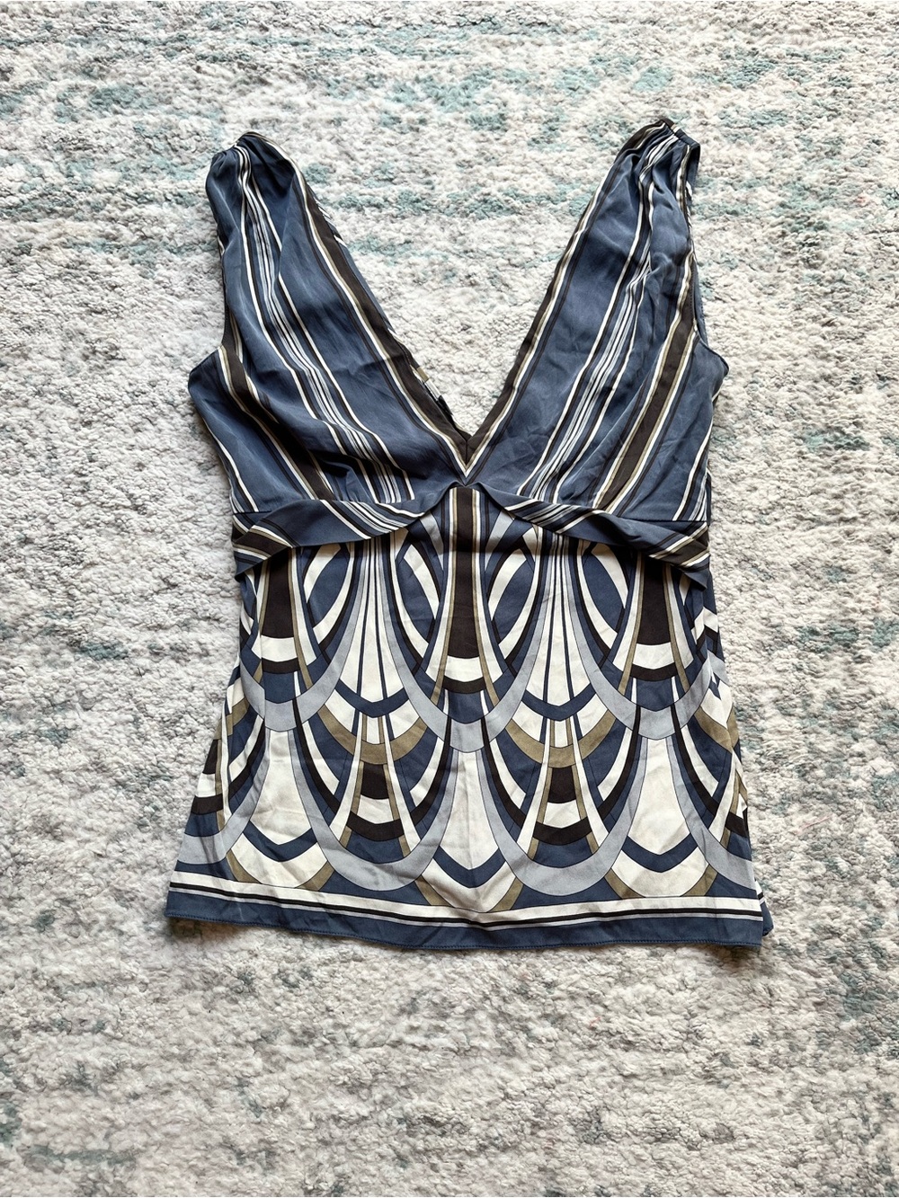 Elie Tahari Navy and Cream Geometric V-Neck Camisole